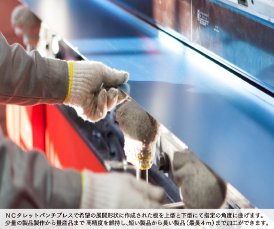 タレパンで希望の展開形状に作成された板を上型と下型にて指定の角度に曲げます